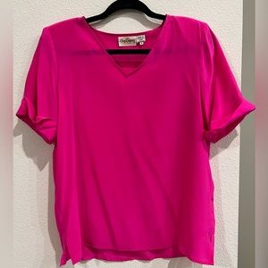 Oleg Cassini 100% silk Barbie pink blouse with shoulder pads